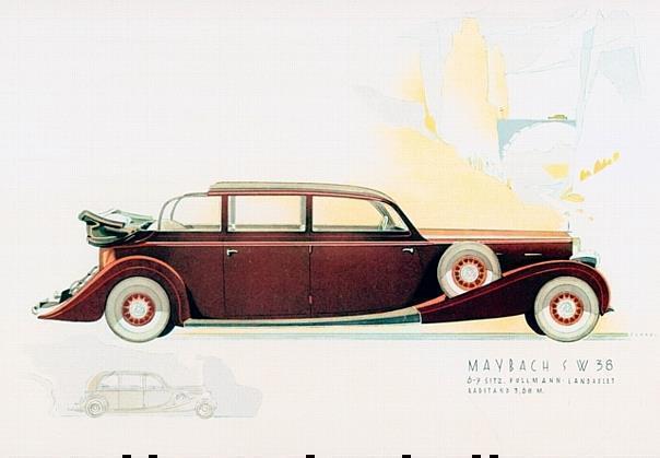 Platz für sechs bis sieben Sitze: Maybach SW 38 Pullman-Landaulet mit einem Radstand von imposanten 3,68 Meter. Aquarell für einen Prospekt, 1938.